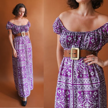 Vintage 70s Off The Shoulder Maxi Dress/ 1970s Purple and White Dress/ Size Medium 