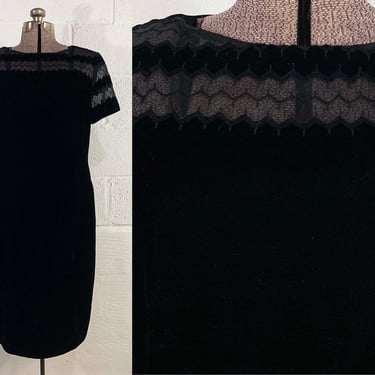 Vintage Black Velvet Dress Sheer Sleeves Maggie London Evening Prom Wedding New Year's Short Sleeve Party Cocktail Holiday 1990s Large 