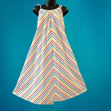 vintage rainbow chevron sun dress 1970s trapeze striped gown plus size 1X 