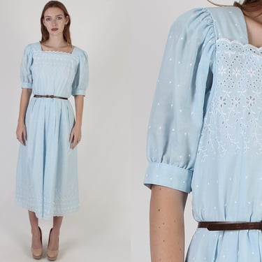 Plain Sky Blue Lanz Originals Dress Size 11/12, Simple Embroidered Eyelet Trim, Vintage 1980's Made In USA Designer Farm Dress 