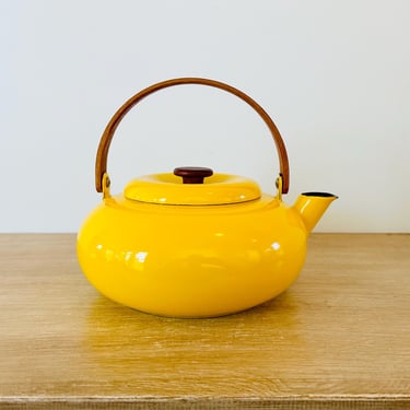 Vintage Enamel and Teak Yellow Copco Tea Pot Tea Kettle by Sam Lebowitz Design Japan No. 115 