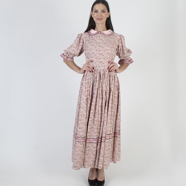 White Cotton Southern Bell Dress, Ric Rac Trim Collar, Full Tiered Skirt, Long Pilgrim Print Maxi 