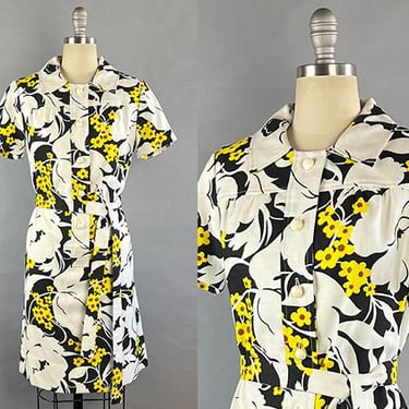 1960s Shirt Dress / Lady Manhattan Bold Black & White Floral Dress / Size Medium 