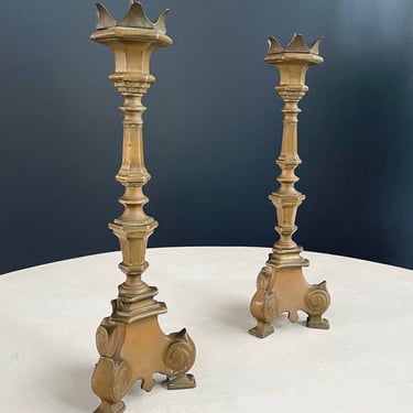 Pair of French Gothic Style Brass Candle Stick Holders, c.1950’s 