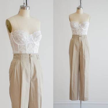 high waisted pants 90s vintage Hunt Club beige cotton khaki straight leg pants 