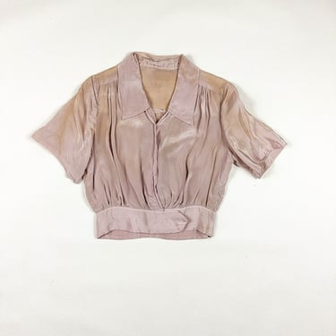 1940s Lavender Cropped Blouse  / Pastel / Separates / Loungewear / 40s / 30s / Shrug / Bolero / Top / Silky / Rayon /  Tea Stained / S / XS 