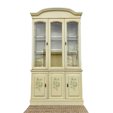 Vintage China Cabinet with Faux Bamboo Design - Illuminated Glass Display Case Hollywood Regency Coastal Furniture 