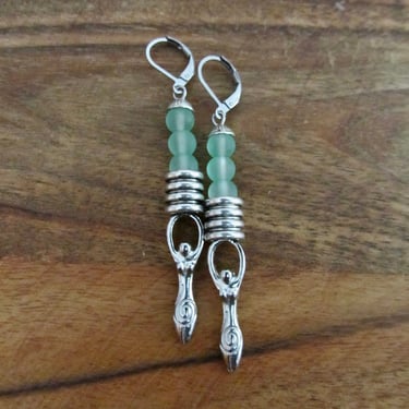 Sea green frosted glass and silver goddess earrings 