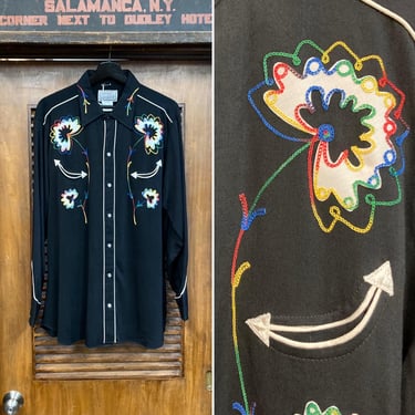 Vintage 1960’s Size XL “H Bar C” Western Cowboy Jet Black Rayon Rockabilly Embroidered Shirt, Deadstock, 1950’s Style, Vintage Clothing 