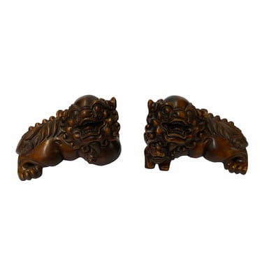 Chinese Pair Wood Carved Mini Foo Dog Lions FengShui Figures ws1812E 