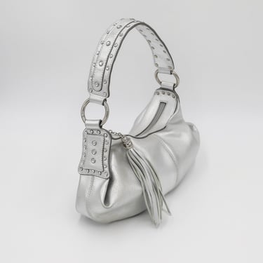 90s Y2K Silver Metallic Leather Slouchy Top Handle Handbag Leather Fringe Bag Boho Chic Bag Soft Genuine Leather Studded Shoulder Bag 