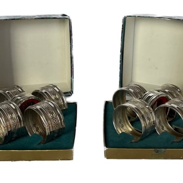 Greek Key Silver Plated Napkin Rings, Vintage Silver Napkin Rings, Napkin Rings in Original Box, Silver and Red Velvet Napkin Rings 