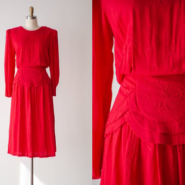 red midi dress | 80s 90s vintage embroidered peplum long sleeve cottagecore dress 