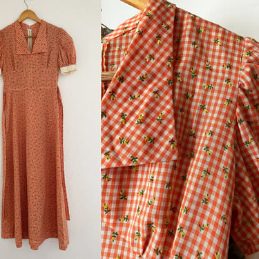 Vintage 70s Orange Gingham Daisy Flocked Puff Sleeves Full Length Maxi Gown 