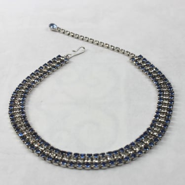 Vintage Rhinestone Choker Bib Necklace Blue and Clear Triple Row Rhodium Plate 