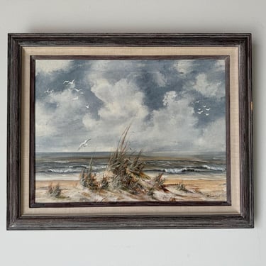 1980's Reba Inverso  Florida  Beach Ocean Seagull Landscape Oil On Canvas Painting, Framed 