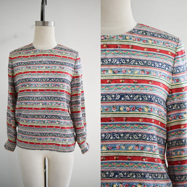 1990s Floral Striped Silk Blouse 