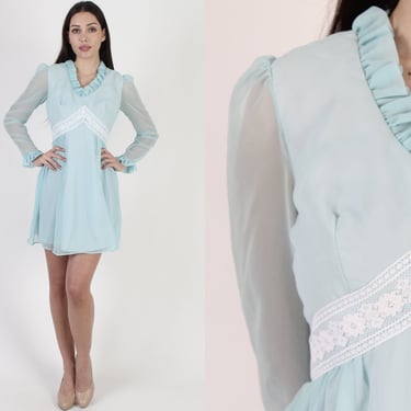 Baby Blue Chiffon Mini Dress / Vintage 70s Plain Monochrome Color / Cute Bridesmaids Outfit Short Dress 