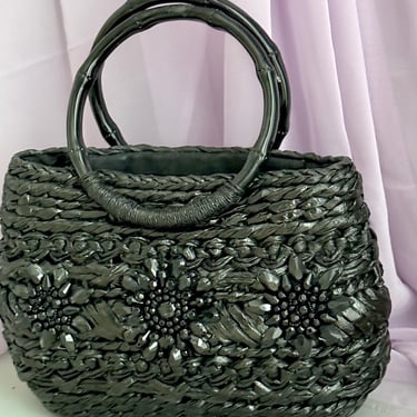 Raffia Beaded Purse, Hoop Handles, Glossy Black, Straw Handbag, Vegan, Vintage 60s 70s 
