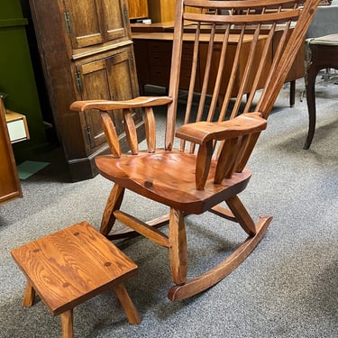 Item #EL3 Solid Oak Hand Carved Rocking Chair w/ Foot Stool