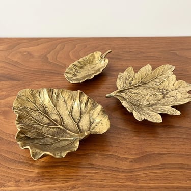 Trio of Vintage Virginia Metalcrafters Leaf Dishes - Chrysanthemum, Rhubarb, Primrose 