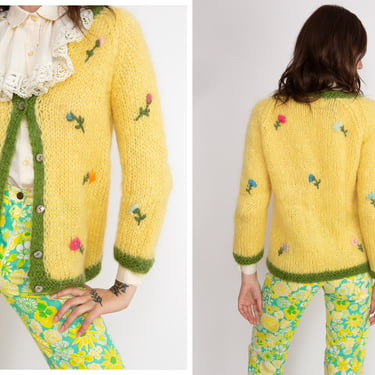 Vintage 1950s 50s 1960s 60s Italian Mohair wool Lemon Yellow Garden Floral Embroidered Long Sleeve Cardigan w/ Shell Buttons 