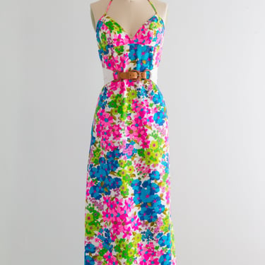 Sexy 1960's Acid Floral Cotton Halter Dress By Miss Pat / Small
