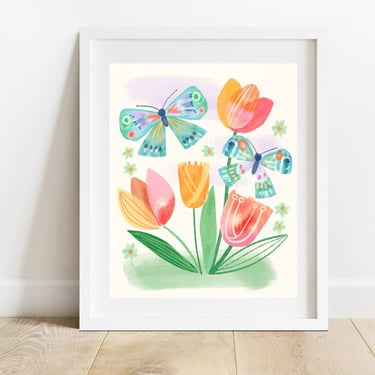 Mixed Media Tulips With Butterflies 8 X 10 Art Print/ Spring Garden Kids Room Wall Art/ Flowers and Insects Nursery Decor 