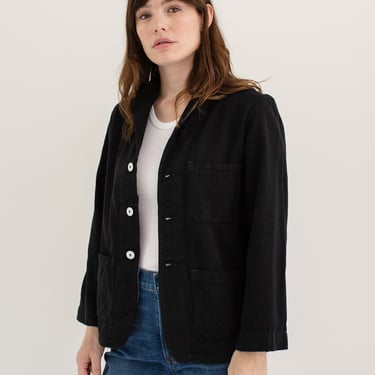 Vintage Black Overdye Classic Chore Blazer | Unisex Square Three Pocket | Cotton French Workwear Style Utility Work Coat Blazer | XS S 