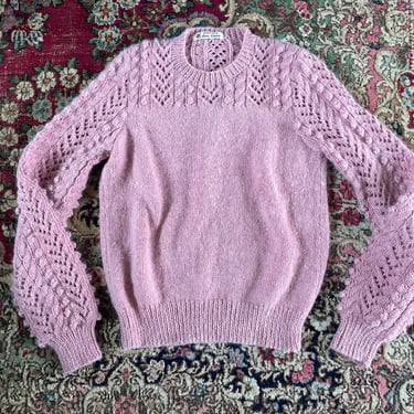 Aesthetic vintage ‘80s hand knitted angora sweater, dusty pink | 1980s pastel, hand made sweater, super soft yarn with popcorn stitch, S 