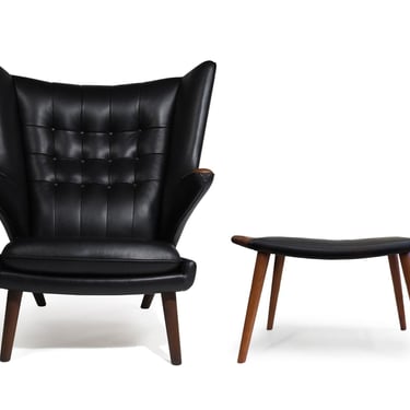 Perfectly Restored - Authentic Hans J. Wegner Papabear Chair AP 19 & Ottoman AP 29 in Black Elmo Leather