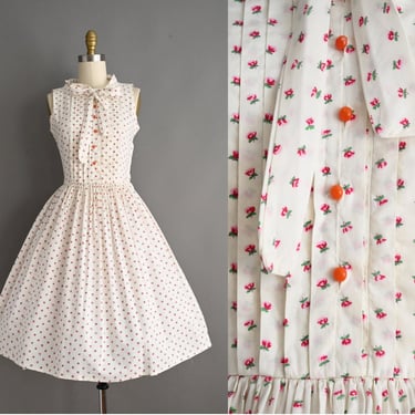 vintage 1950s Dress | Vintage Chic Debs Pink Rose Bud Floral Print Full Skirt Cotton Dress | Small 