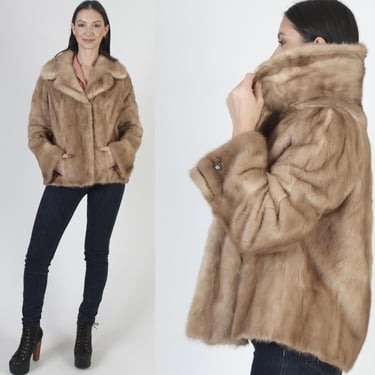 Womens Autumn Haze Mink Coat, Vintage 60s Real Fur Cropped Jacket, Large Collar Overcoat With Pockets 