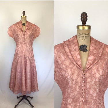 Vintage 40s dress | Vintage rose pink lace dress | 1940s A Norman Original cocktail dress 
