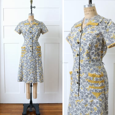vintage 1940s gray & yellow floral day dress • cotton cutie dress with big pockets and rhinestone trim 