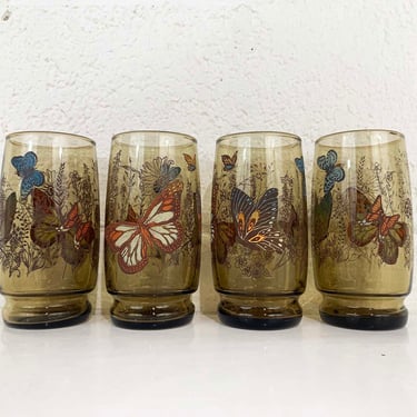 Vintage Floral Glasses Flower Glass Set of Four Butterfly Pattern Brown Flowers Smoky Brown Butterflies Anchor Hocking 1970s 