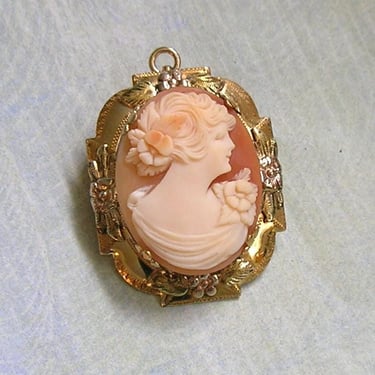 Antique Gold Filled Cameo Pendant Brooch, Old Carved Cameo With Woman, Antique GF Cameo Pendant (#4561) 