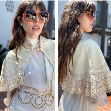 30s 40s Cream White  Antique Lace Gorgeous Shawl Caplet Wrap Poncho 
