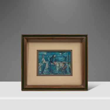 Mid-Century Modern Print of 'Fisherman' by Israeli Artist Margot Lange Ascheim, West Germany, c. 1960's 