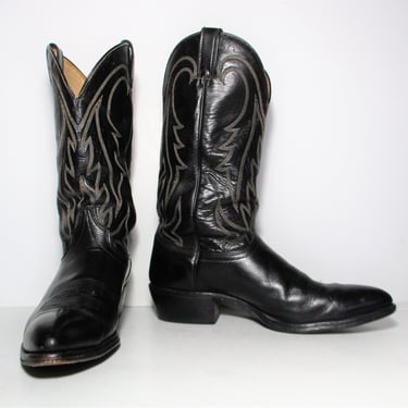 Vintage Tony Lama Lizard Cowboy Boots, Black Leather, Size 8C Men 