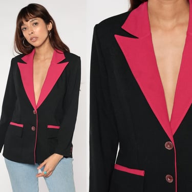 80s Blazer Jacket Black Pink Button up Jacket Jewel Buttons Retro Chic Formal Professional Secretary Party Eighties Vintage 1980s Medium M 