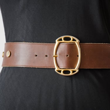 wide brown leather belt | 80s 90s vintage dark academia style gold studded leather statement belt 