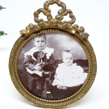 Antique 1800's Photograph Boy & Baby in Brass  Easel Back Frame, Vintage Victorian 