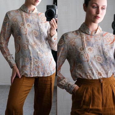 Vintage Italian Fabric Sheer Floral Ethereal Button Back Long Sleeve Blouse w/ Ruched Collar | Rayon | Designer Long Sleeve Professional Top 