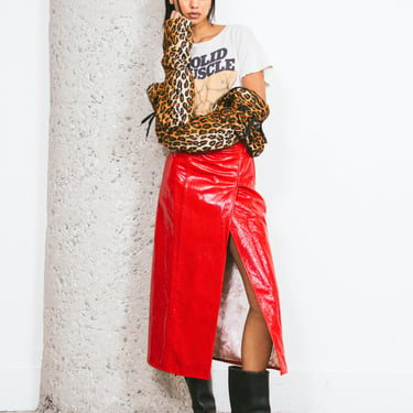 2022 Gucci Red Embossed Leather Skirt
