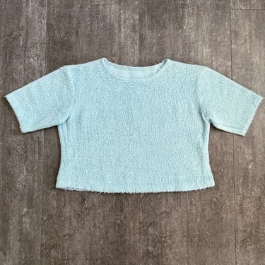 1960s fuzzy crop top . 50s 60s aqua knit . size m to l 