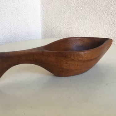 Vintage mahogany wood small bowl in leaf or fish design 9”x 3.5” x 2.5” 