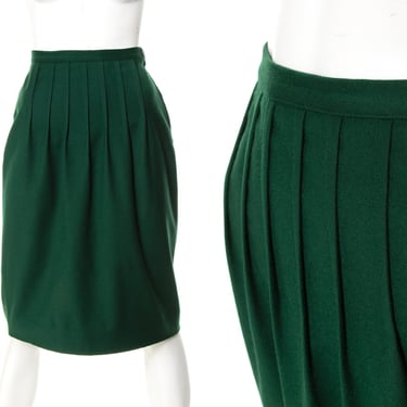 Vintage 1980s Pencil Skirt | 80s GEORGIO ARMANI Forest Green Wool Pintuck High Waisted Wear to Work Secretary Skirt (small) 
