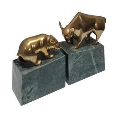 Bookends Bull and Bear Stockmarket Brass Statues on Marble 
