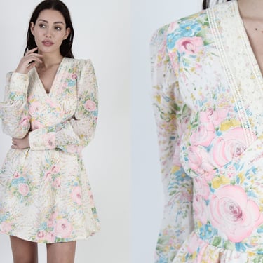 70s CottageCore Garden Mini Dress / Bright Floral Lace Deep V Neckline / Vintage Easter Style Prairie Lawn Short Dress 